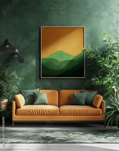 Mock up poster in luxury modern living room interior, dark green brown wall, modern sofa and plants, 3d render, Generative AI