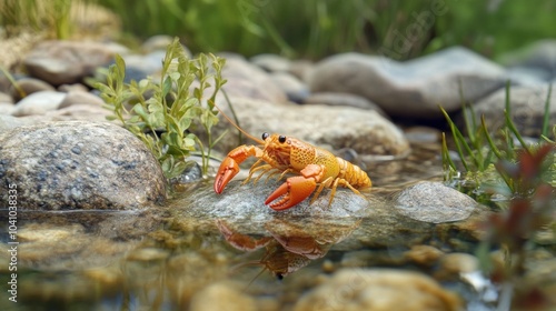 A vibrant orange crayfish perched on a rock in a clear stream, surrounded by pebbles and greenery.