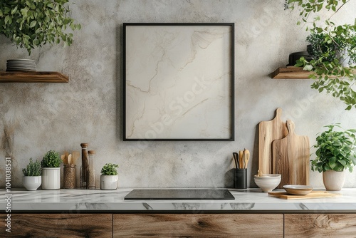 Mock-up poster frame in modern bedroom, Scandinavian style, 3d render, Generative AI