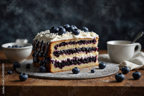 A super realistic beautifully crafted blueberry cake with layers of moist sponge, filled with fresh blueberries and rich cream cheese frosting. The cake is topped with a glossy blueberry glaze.