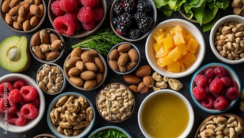 Healthy Food Palette for Mental Clarity: A visually stunning arrangement of nutrient-rich brain foods, from nuts and oily fish to leafy greens and vibrant berries. Natural light enhances the freshness