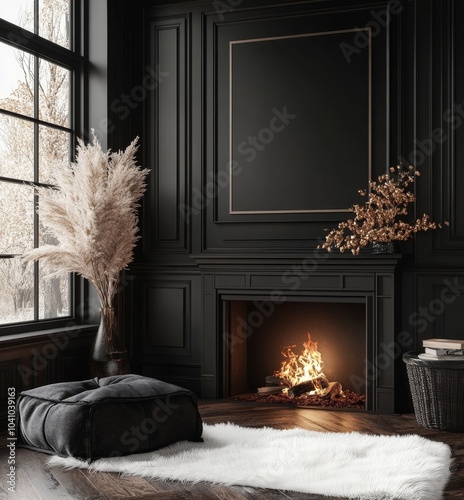 Frame mockup in dark classic interior with burning fireplace, 3d render, Generative AI