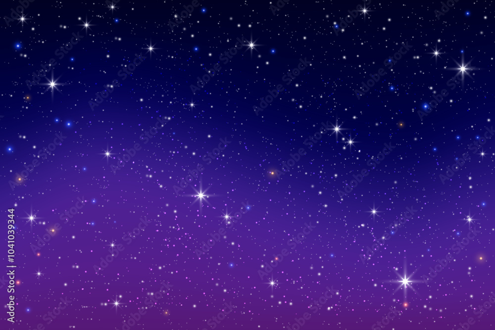 Fototapeta premium Purple night sky background with stars. Universe vector gradient landscape with blue and pink light. Abstract sunset with sparkles and cosmic constellations. Realistic astrology backdrop