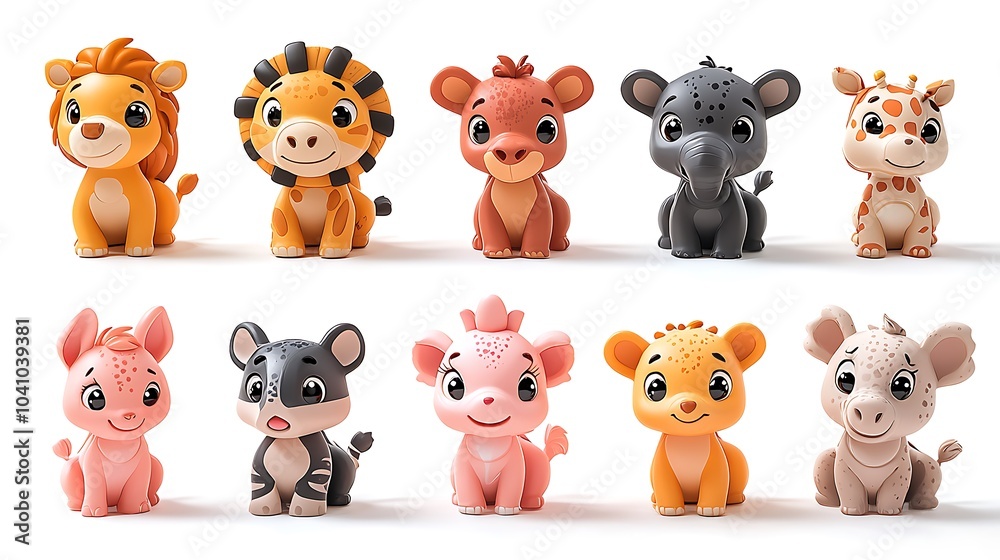 Fototapeta premium Cute Cartoon Animal Set Lion Giraffe Elephant Rhino Zebra Pig D Render