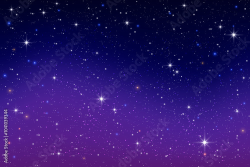 Purple night sky background with stars. Universe vector gradient landscape with blue and pink light. Abstract sunset with sparkles and cosmic constellations. Realistic astrology backdrop