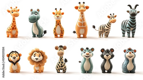 Cute Cartoon Safari Animal Figures   Giraffe  Zebra  Lion  Hippo  Bear  D Rendering