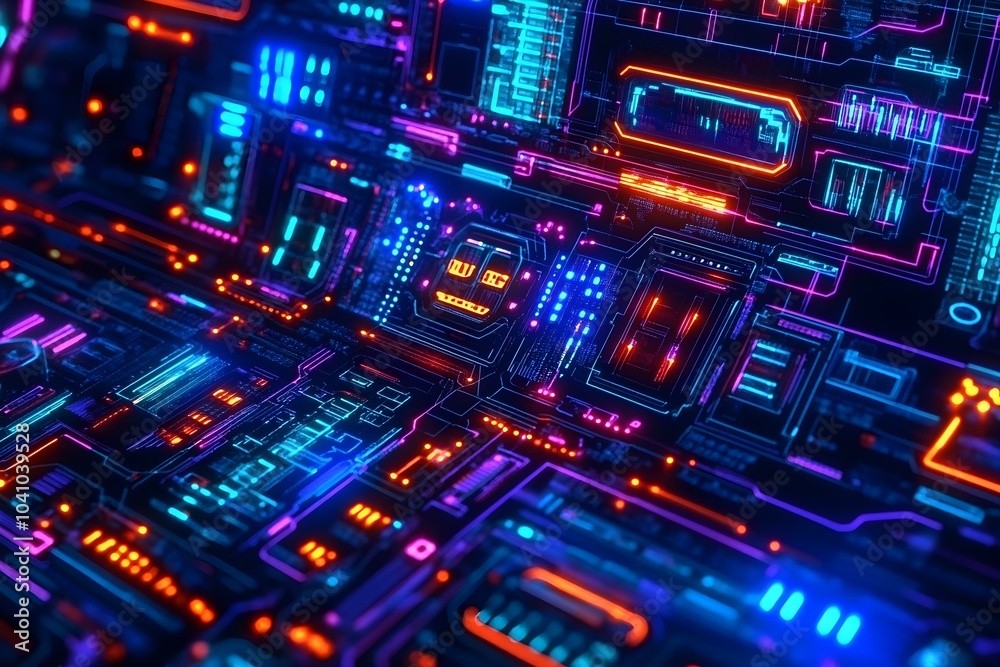Fototapeta premium Futuristic Circuit Board with Vibrant Neon Lights