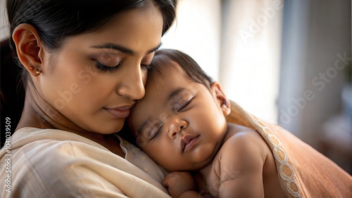 A peaceful Indian baby napping in their mother's embrace. 