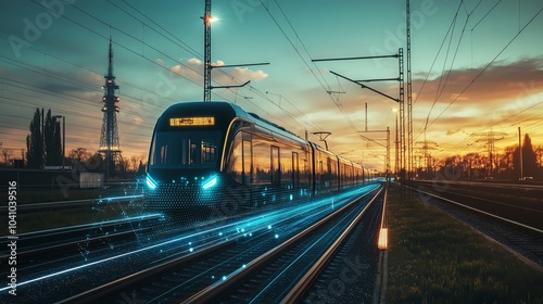 AI-powered transportation networks with electric buses and trains, fully integrated into a renewable energy infrastructure.