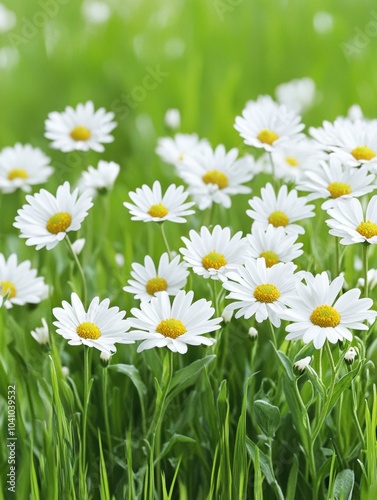 White daisies blooming in a field of green grass. AI.