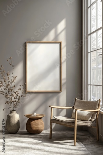 Mockup poster frame in Scandinavian interior, 3d render, Generative AI