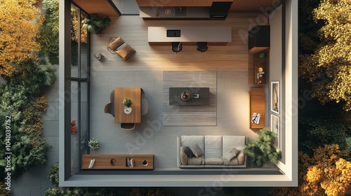 Floor plan of a house top view 3D illustration. Open concept living appartment layout, Generative AI