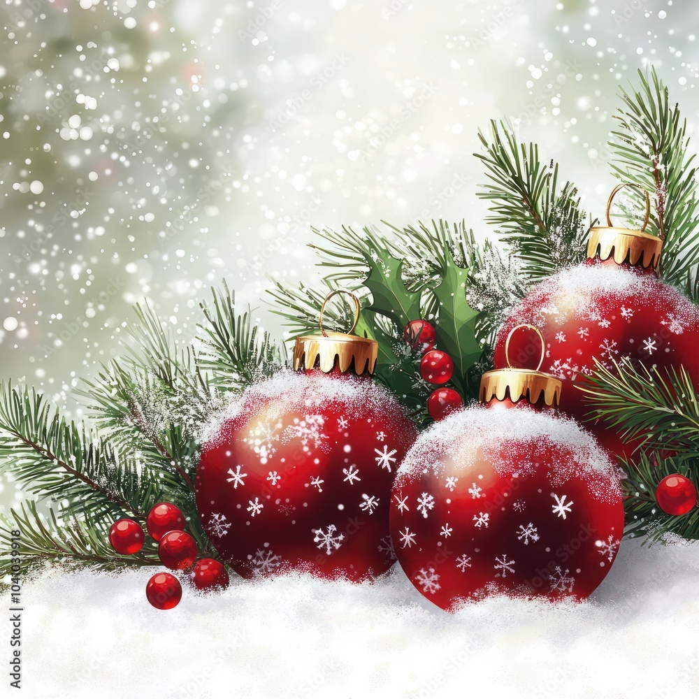 Merry Christmas - Baubles On Snow With Fir Branches Merry Christmas - Baubles On Snow With Fir Branches