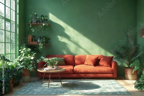 Home interior mock-up with red sofa, table and decor in green living room, 3d render, Generative AI