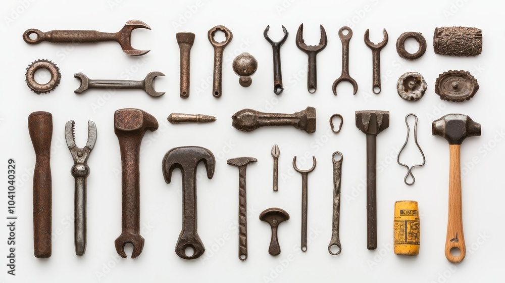Tools scattered in a precise, artistic arrangement, viewed from above on a white background, clean metallic textures and sharp lines in contrast Tools scattered in a precise, artistic arrangement, viewed from above on a white background, clean metallic textures and sharp lines in contrast