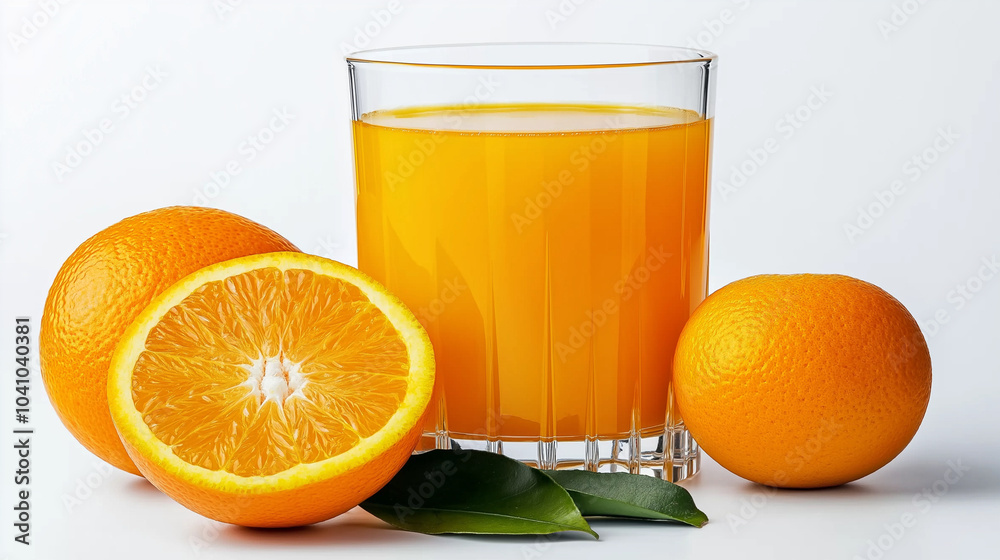 A Glass of Fresh Orange Juice and Whole Citrus Fruits on a Crisp White Background A Glass of Fresh Orange Juice and Whole Citrus Fruits on a Crisp White Background