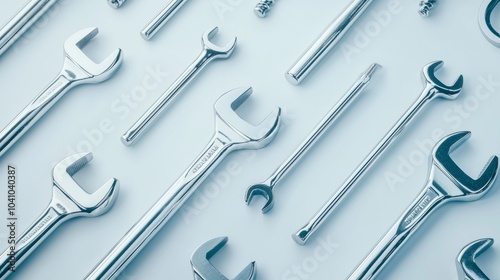 A flat layout of essential tools, including screwdrivers and wrenches, symmetrically placed on a white surface, minimal shadows for a clean look