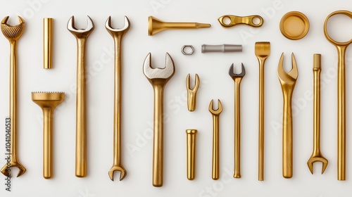 Tools scattered in a precise, artistic arrangement, viewed from above on a white background, clean metallic textures and sharp lines in contrast