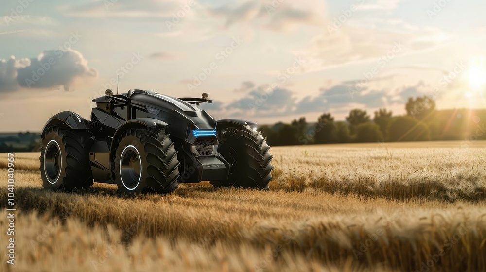 Futuristic Autonomous Tractor in Golden Field Futuristic Autonomous Tractor in Golden Field