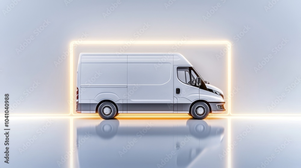Clean and modern white delivery van on a pure white background, side angle, glossy surface with soft light reflections, minimal and sleek design Clean and modern white delivery van on a pure white background, side angle, glossy surface with soft light reflections, minimal and sleek design