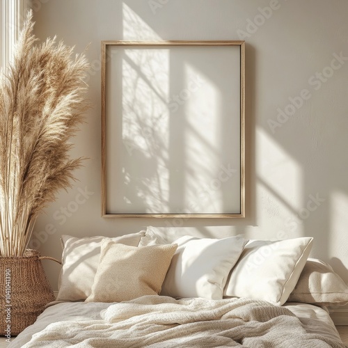 Mockup frame in bedroom interior background, Coastal boho style, 3d render, Generative AI