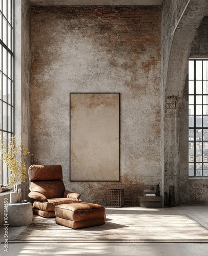 Mockup poster in loft interior, industrial style, 3d render, Generative AI