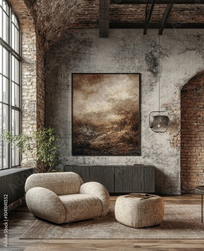 Mockup poster in loft interior, industrial style, 3d render, Generative AI