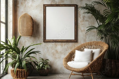 Poster frame mock-up in modern home interior background, 3d render, Generative AI