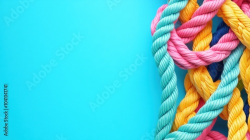 Colorful ropes intertwined on a bright blue background, showcasing texture and design.