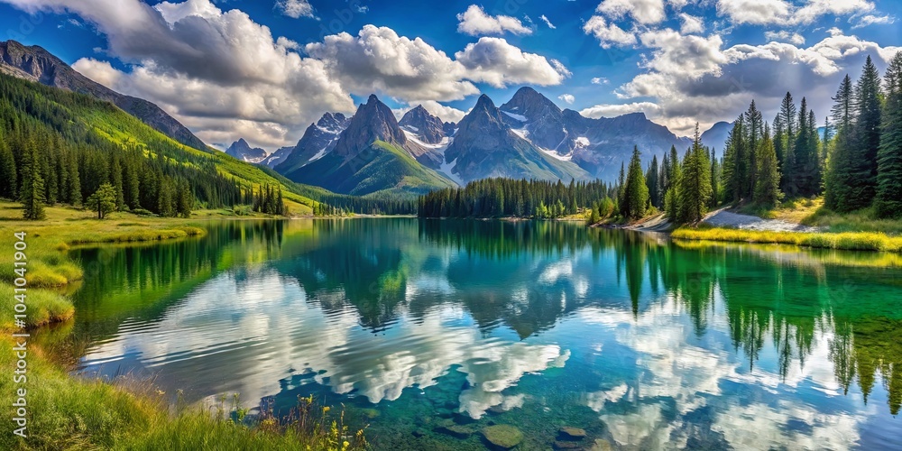 Fototapeta premium Serene Mountain Lake with Crystal Clear Water and Lush Greenery Reflecting the Sky and Clouds