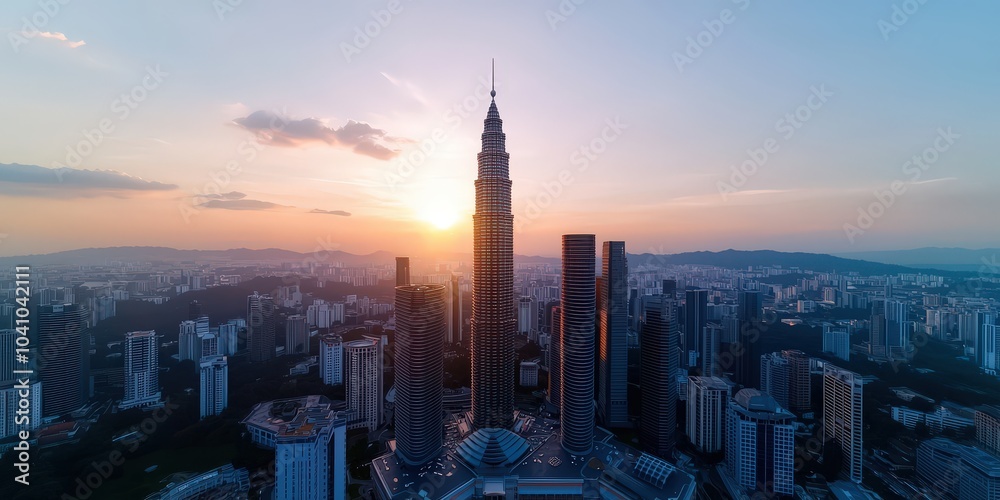 Naklejka premium Kuala Lumpur Skyline Sunset Aerial View Cityscape Skyscrapers Golden Hour