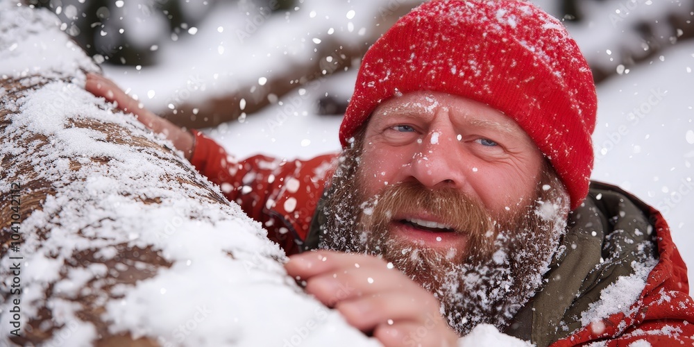 Lumberjack in Red Hat Holding Log in Snowstorm Lumberjack in Red Hat Holding Log in Snowstorm