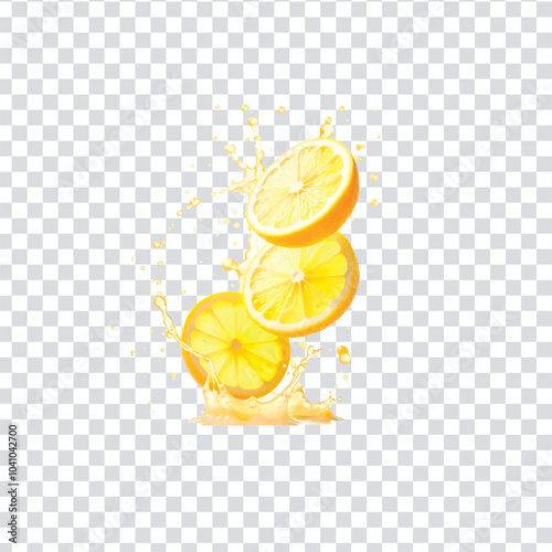multiple lemon slices splash on a transparent background