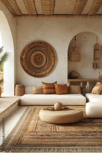 Home interior with ethnic boho decoration, living room in brown warm color, 3d render, Generative AI