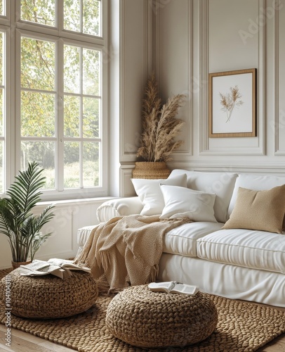 Scandi-Boho living room interior, wall mockup, 3d render, Generative AI