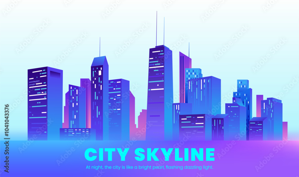 Fototapeta premium Hand painted blue purple city skyline illustrations with many city buildings