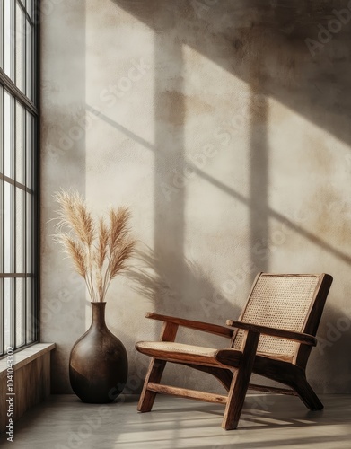 Simple modern interior background with minimal furniture, wall mockup, 3d render, Generative AI