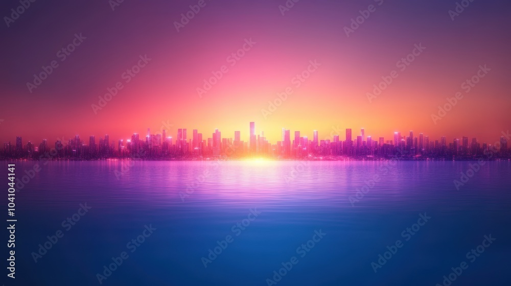 Futuristic City Skyline at Sunset with Neon Glow and Purple and Blue Gradient Futuristic City Skyline at Sunset with Neon Glow and Purple and Blue Gradient