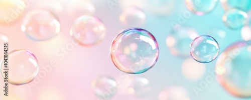 Iridescent Bubbles on Pastel Gradient Background Dreamy Abstract Futuristic Soft Light Shiny