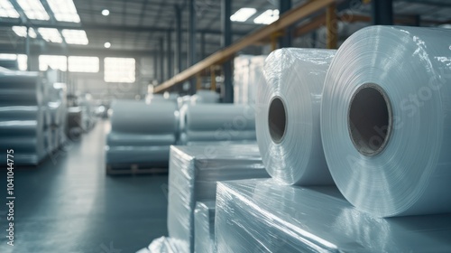 Rolls of polyethylene sheets neatly stacked in a warehouse, industrial packaging focus photo