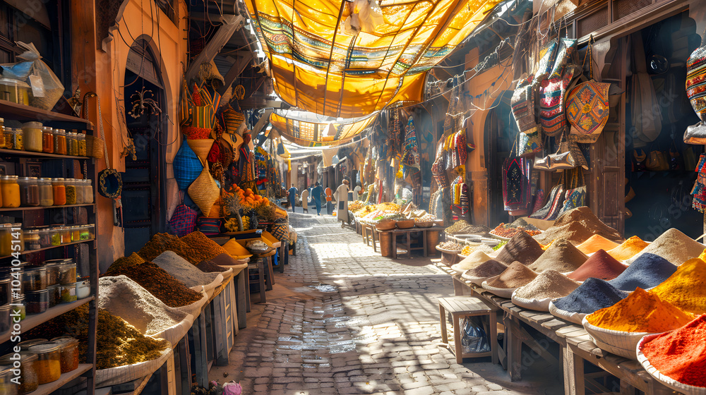 Fototapeta premium A busy market street in Marrakech complete with vibrant spices and textiles