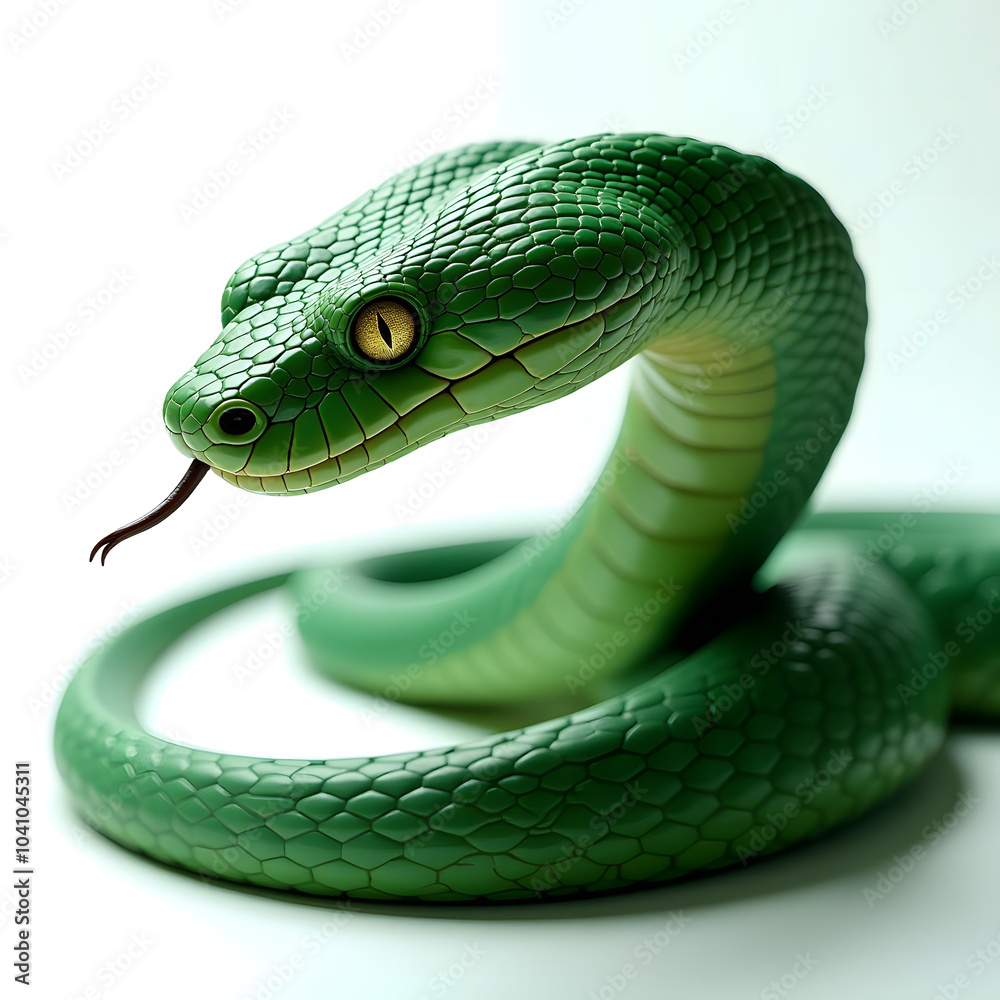 Fototapeta premium Green Snake with yellow eyes on a white background