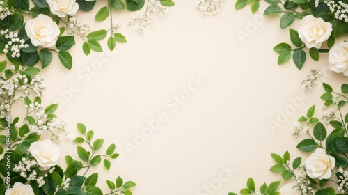 White Roses and Green Leaves Floral Border on Beige Background