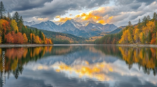 Majestic mountain range reflected in still lake water at sunset, with colorful autumn foliage lining the shore.
