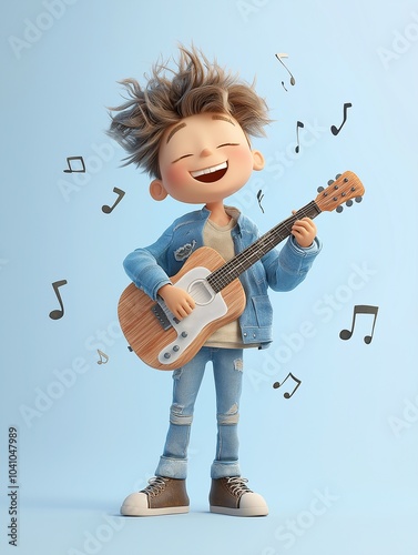 Happy Guitarist: A 3D illustration of a young boy joyfully playing a guitar, surrounded by musical notes, radiating pure happiness and passion for music.
