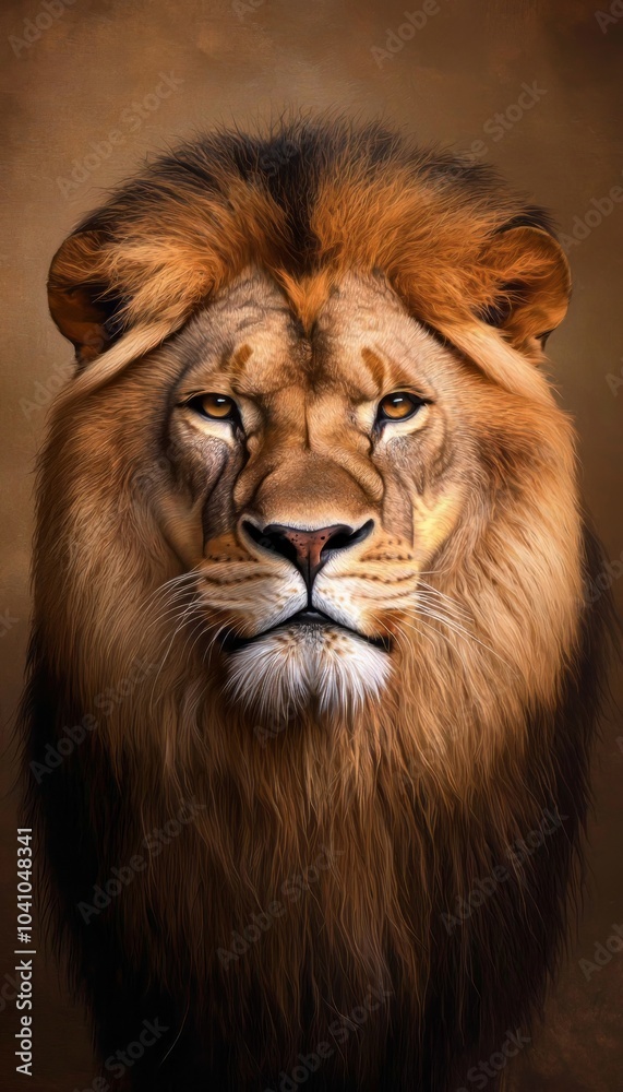 Majestic lion portrait with stunning details, rich fur, and intense gaze, isolated background.