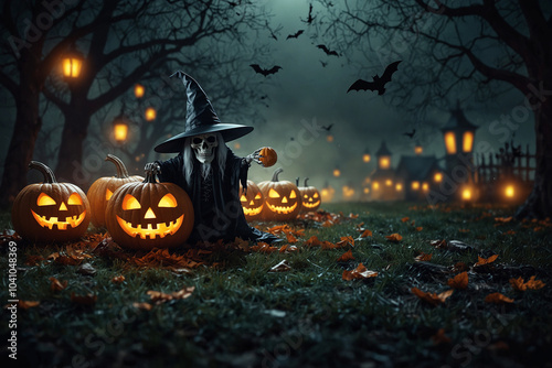 Halloween background with Evil Pumpkin, ghost, moon light, bat