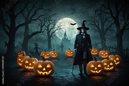 Halloween background with Evil Pumpkin, ghost, moon light, bat