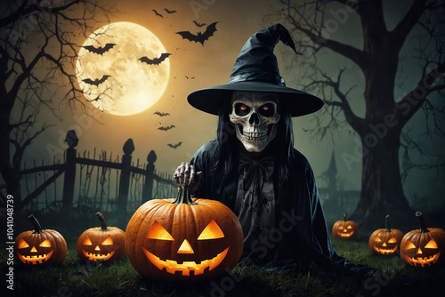 Halloween background with Evil Pumpkin, ghost, moon light, bat