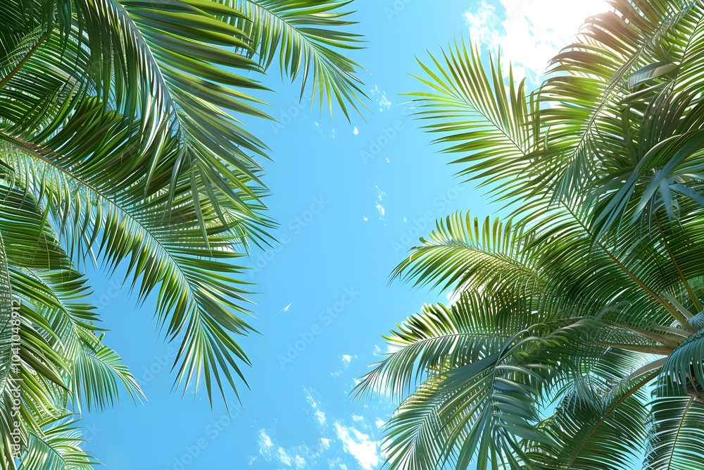 A group of palm trees with a blue sky in the background